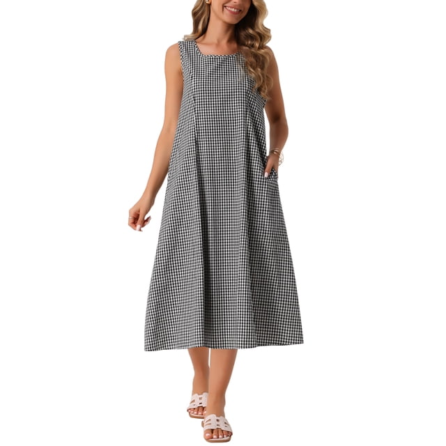 Vestido sin mangas de cuadros para mujeres Inspire Chic para el Día de la Madre, vestido midi de ajuste holgado con bolsillos, atuendos de verano L negro