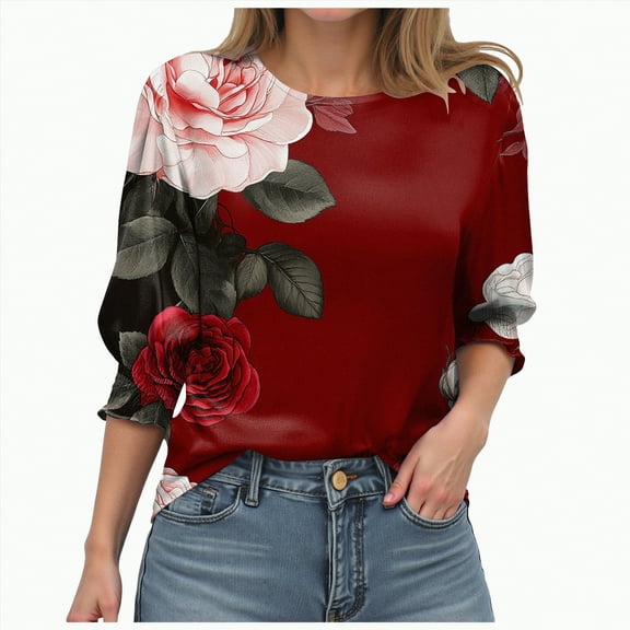Kaprioy Graphic Tees For Women Crew Neck T Shirts 3/4 Sleeve Casual Boho Tops Cute Blouses Dressy Fall Fashion Clothes Red, L