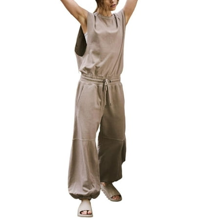 MITCOWBOY Body Suit  Throw And Go Onesie Jumpsuits for Women Summer 2024 Cutout Sleeveless Crewneck Drawstring Waist Long Pants Romper with Pockets  One Piece Jumpsuit  Shapewear Bodysuit  Khaki Xs