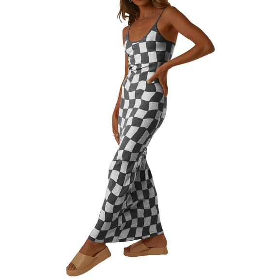 LMLYSoH Womenacute;s Summer Long Cocktail Dress Sleeveless Checkerboard Print Spaghetti Strap Dress