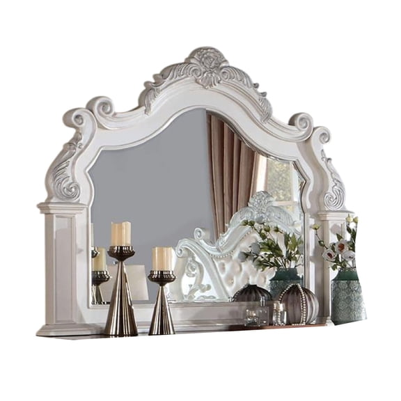 BenJara Prio Dresser Mirror w Classic Wood Carved Frame, Pearl White, 59 Inch