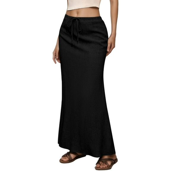 RUTAYY Women's Skirt Casual Elastic High Waist Drawstring with Back Slit Solid Color Daily Wear Holiday Vibrant Long Skirt