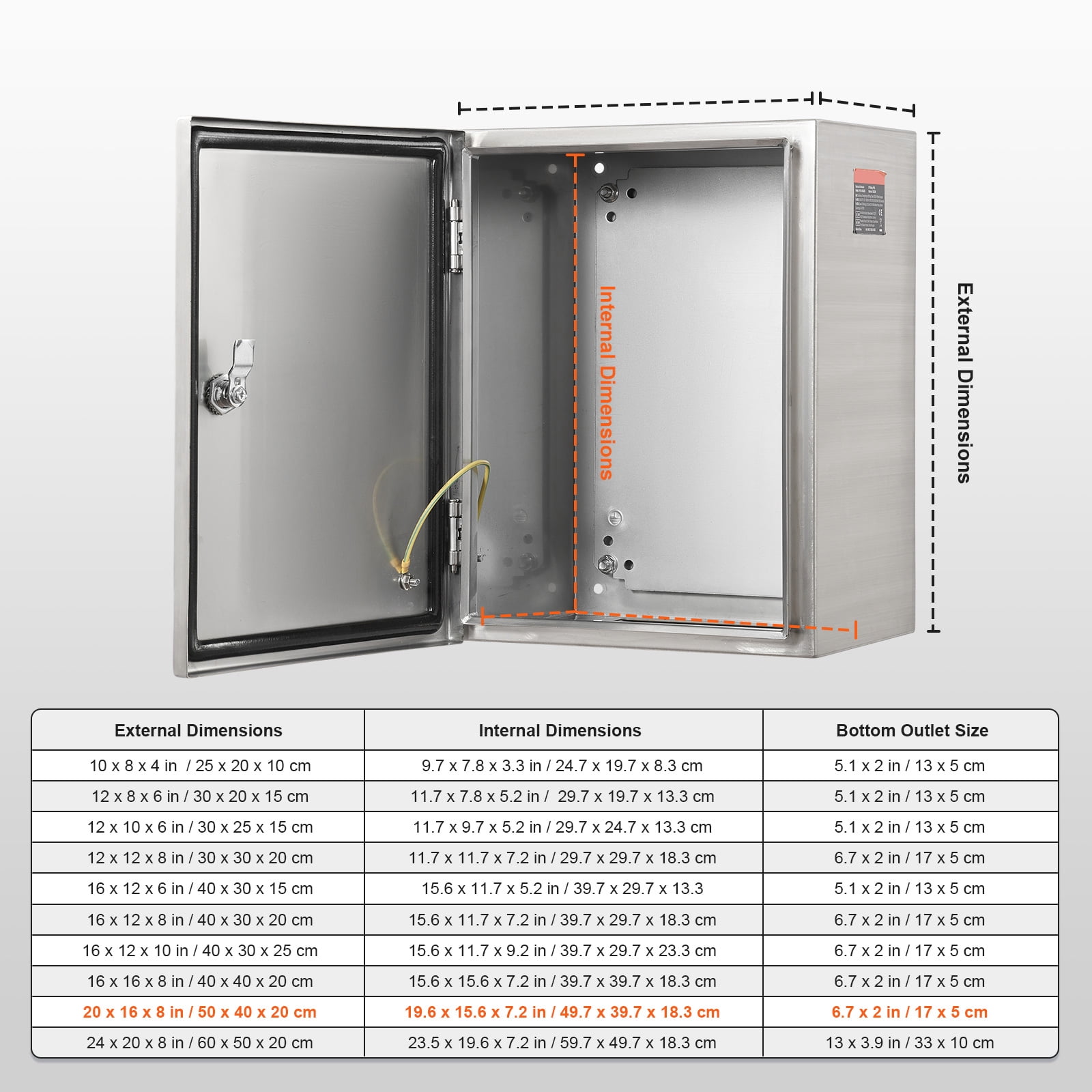 KFFKFF Metal Power Box, 20"x 16"x 8", Composed of 304 Stainless Steel, Wall-Attachable Outdoor Electrical Device Housing with Installation Plate, Hinges, and Lock, IP66 Water-Resistant
