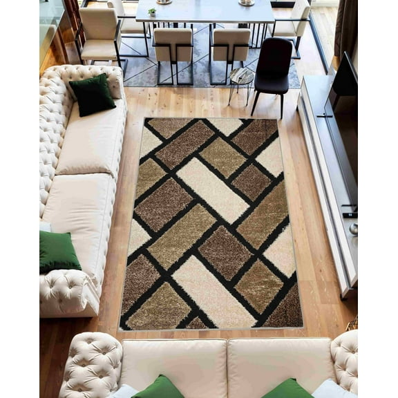 Modern 5D Shaggy Abstract Geometric Rug for Living Room Bedroom Design 6419 (8x10 (7'8"x10'8"),Beige)