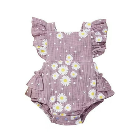 

MANHUJI Preemie Baby Girl Clothing Infant Baby Girl Summer Outfit Clothes Flower Print Small Sleeves Smocked Cotton Linen Romper Sleepers 0-3 Months Preemie Baby Girl Clothing (Purple 100)