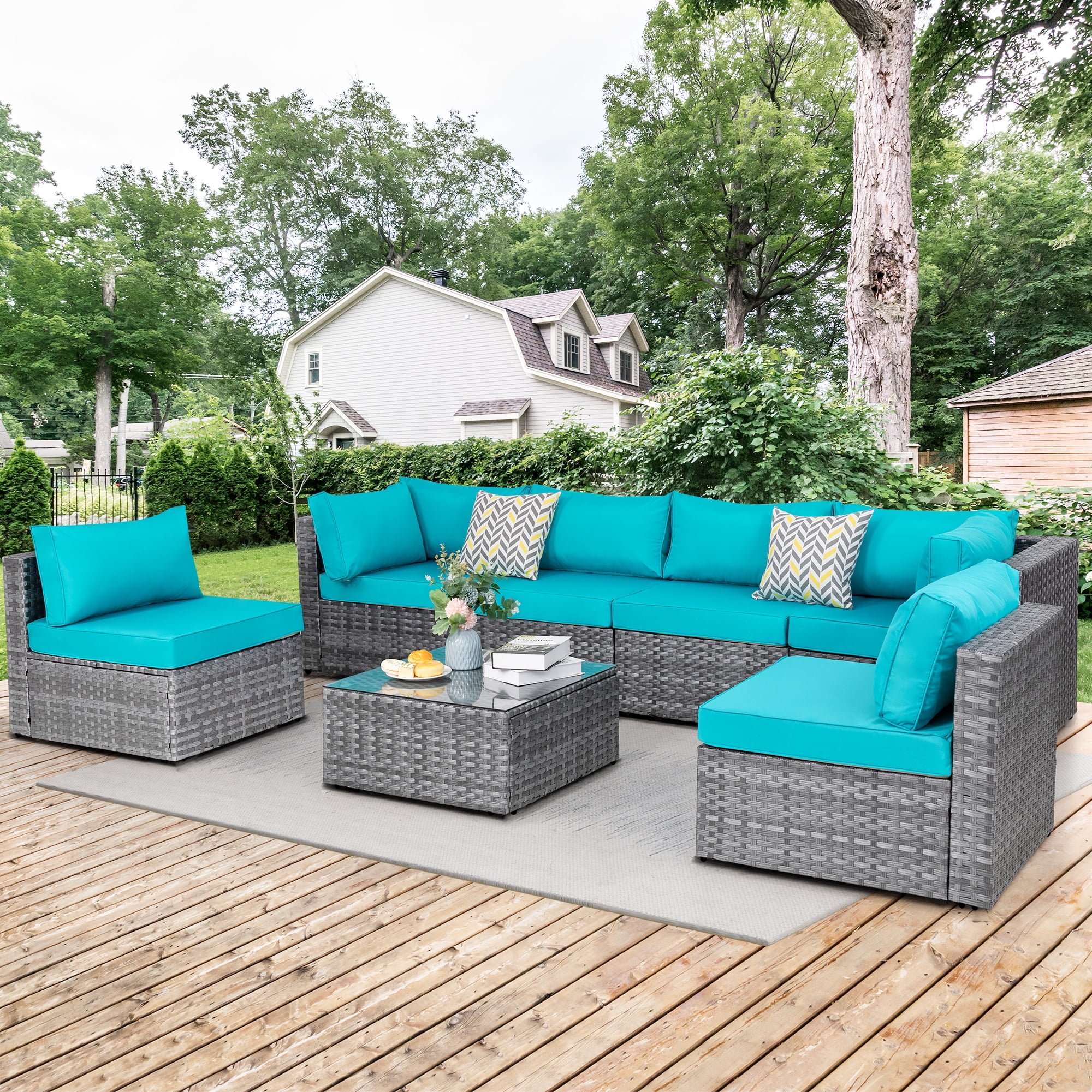 Walsunny 7 Piece Outdoor Patio Furniture Set, All-Weather PE Rattan Wicker Modular Sectional Conversation Sofa Set with Thick Cushions & Glass Coffee Table for Backyard, Poolside, Garden, Blue