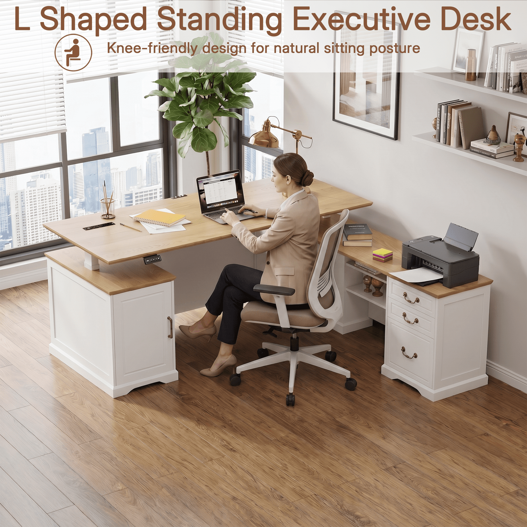 71" L-Shaped Executive Standing Desk, White Sit Stand Desk with Drawers, AC/USB Outlets, Storage Cabinet & Privacy Panel for Office & Home
