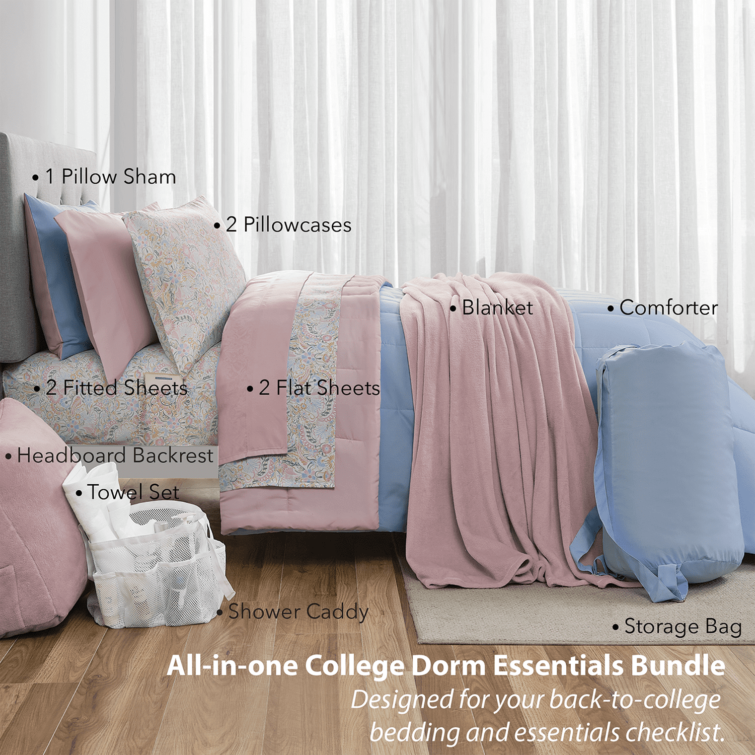 14pc College Dorm Essentials Bundle, Twin-XL, Reversible Bed in a Bag Comforter Set, Light Blue and Pink