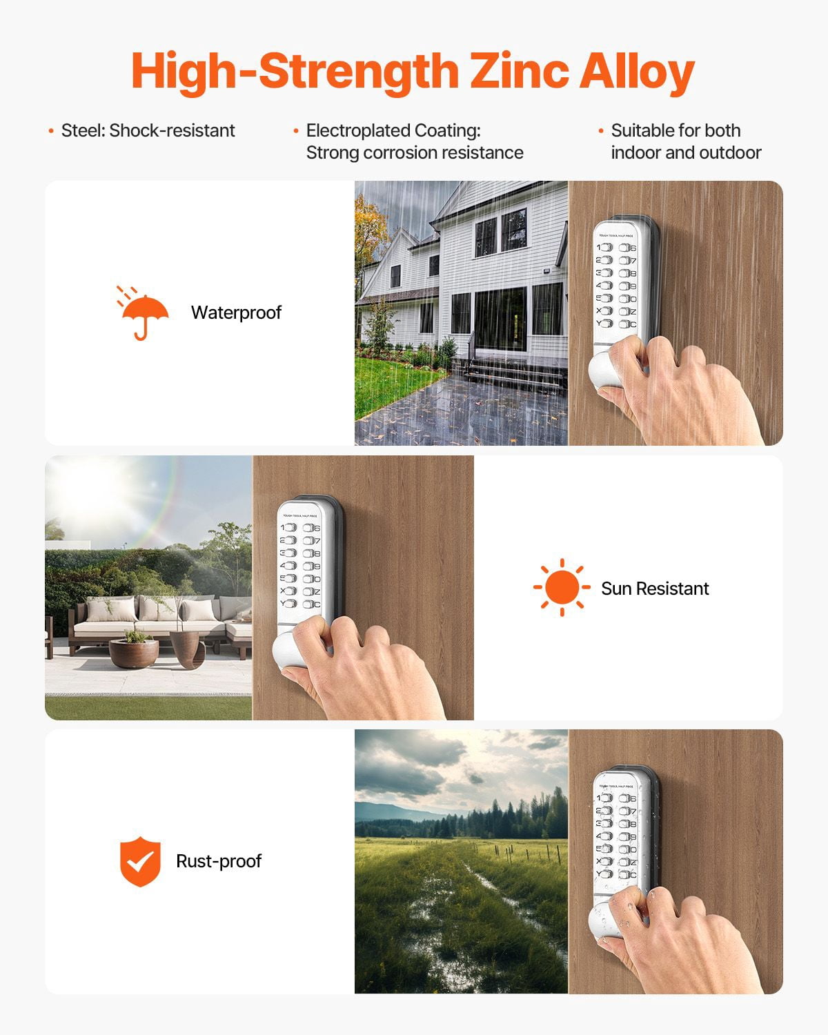 Mechanical Combination Door Lock, Keyless Entry with Adjustable Handles, Surface Mount 1.4-2.5 Inch Door Compatibility, Zinc Alloy, No Batteries for Gate Garden Garage