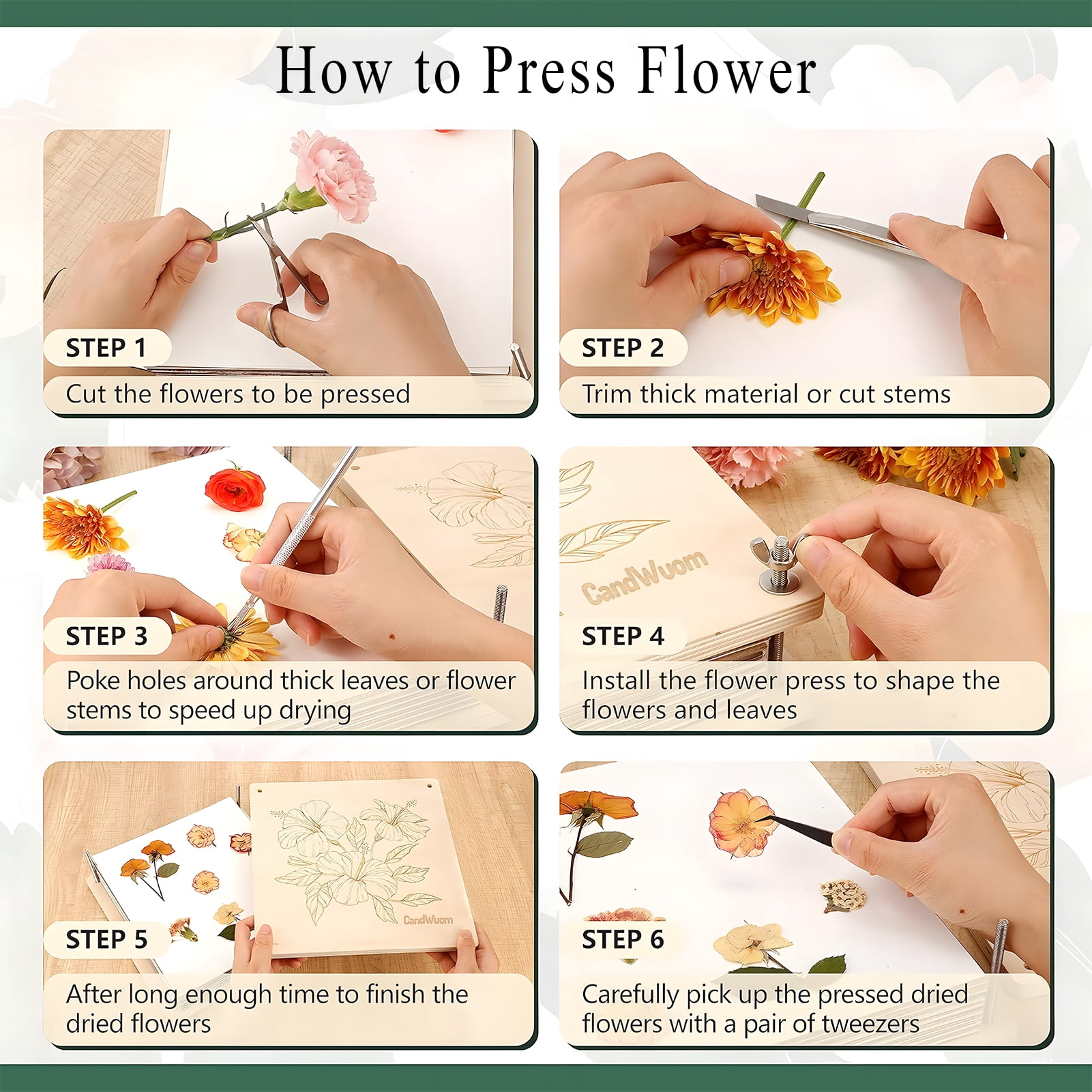 CandWuom Flower Press Kit, 11" x 11" Large Wooden Flower Pressing Craft for Adults & Kids, Bouquet Preservation Kit, DIY Flowers Drying Art, Ideal Gift for Arts and Crafts Lovers