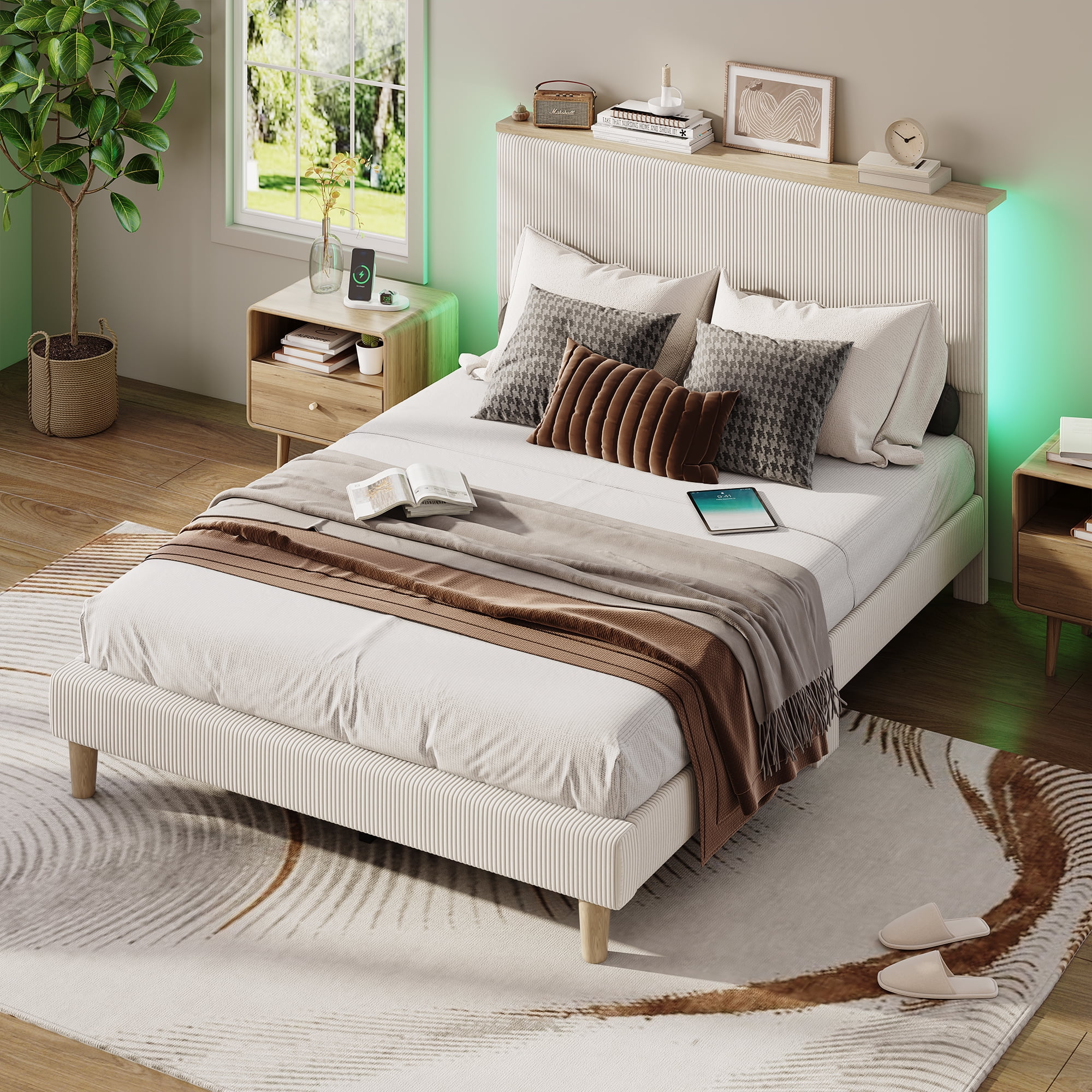 Bestier Full Platform Bed with Adjustable Storage Headboard Shelf, LED Corduroy Upholstered Bed Frame, Beige