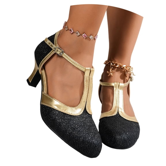 Purcolt Womens Sparkly Sequin T-Strap Pumps Shiny Glitter Pointed Toe Slim Heel Dress Shoes Comfort Casual Slip On Heels for Cocktail Party, Wedding, Date Night