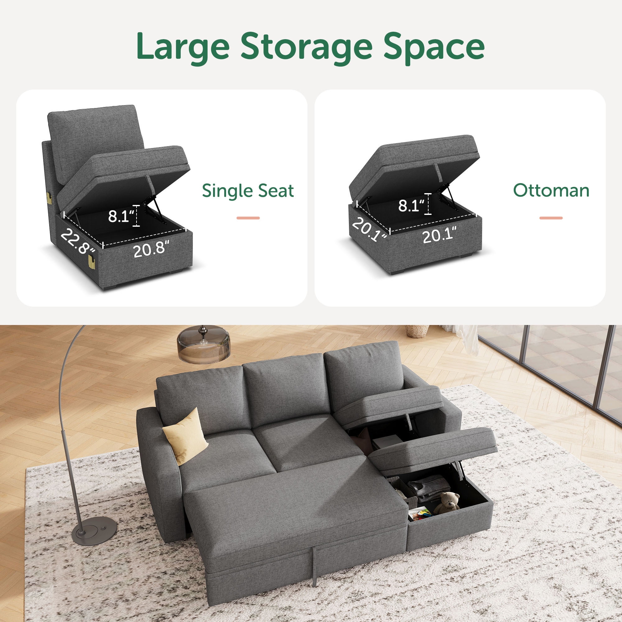 HONBAY 79" Reversible 3 Seat Compact L Shaped Sectional Sleeper Sofa with Pull Out Bed and Storage, Breathable Linen Gray