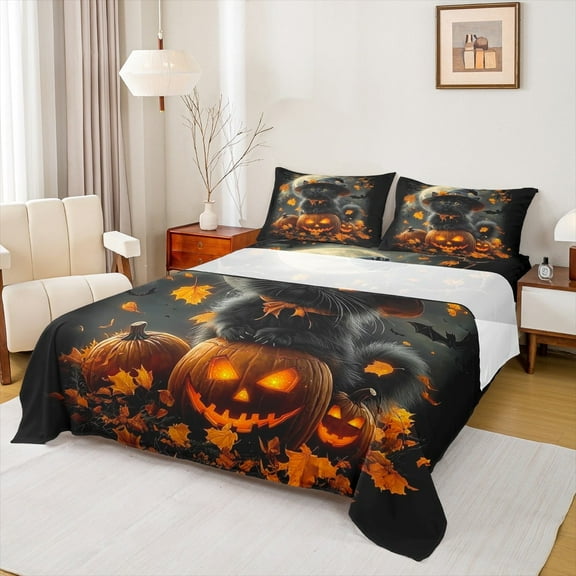 Manfei Spooky Pumpkin Bed Sheets Set Queen Size,Halloween Bedding Sets Queen Size,Cute Pet Cat Bed Sheets Queen,Breathable Room Decoration,4 Pieces
