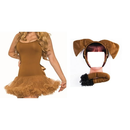 Brown Puppy Dog Kit Dress Crinoline Ears Tail Pet Animal Costume Accessory Set