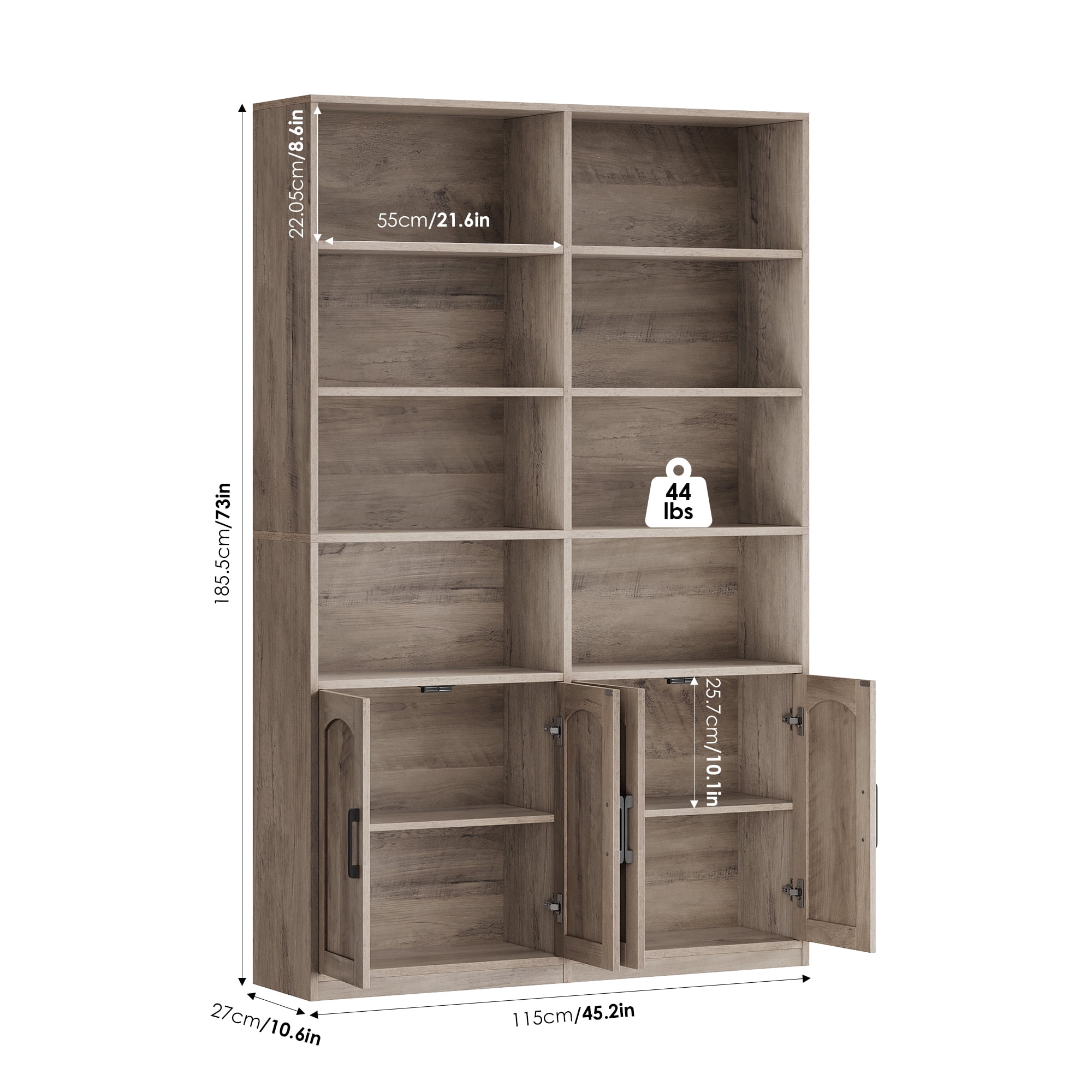 Homfa 73″ Tall Bookcases with Doors, 8 Cubes 6-Tier Double Row Bookshelf, Bookcase for Living Room Home Office, Wash Grey