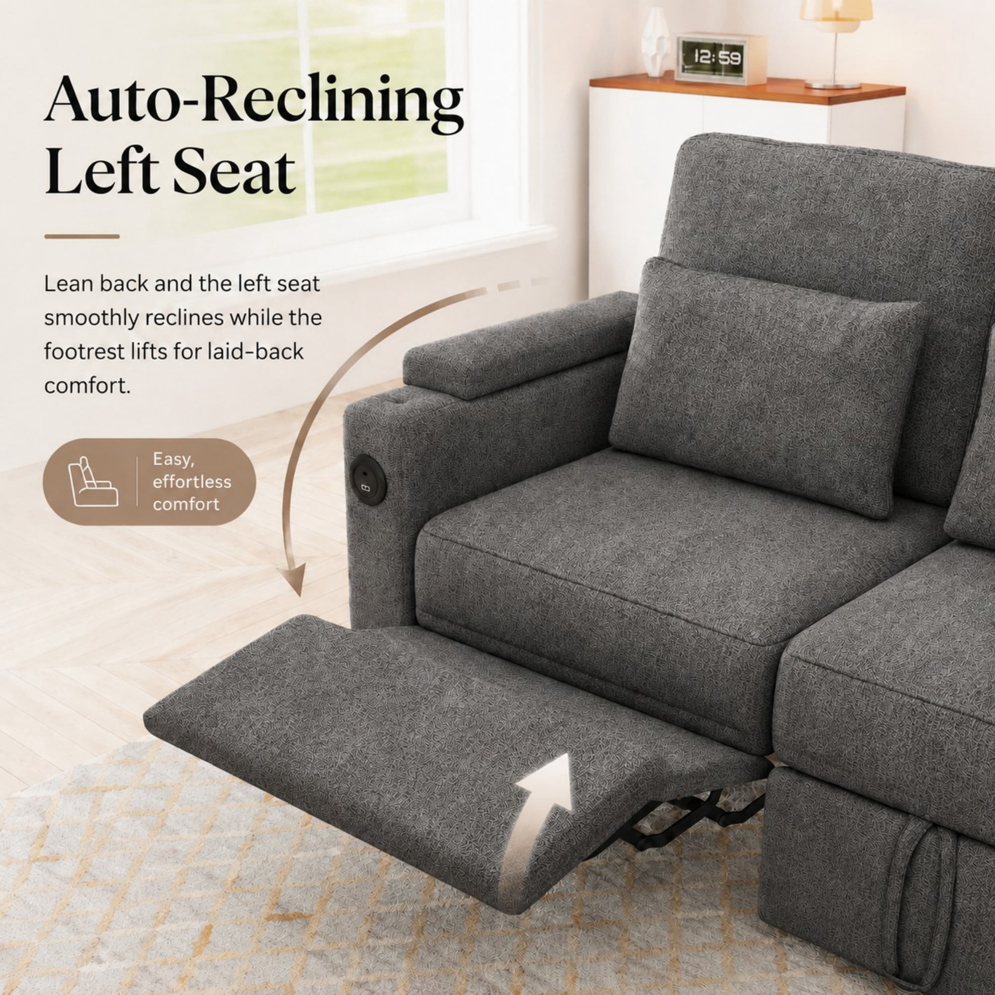 DEALTOPS 108" Chenille L-Shaped Pull Out Sleeper Sofa Bed with Recliner, Storage Chaise & USB Ports, Gray