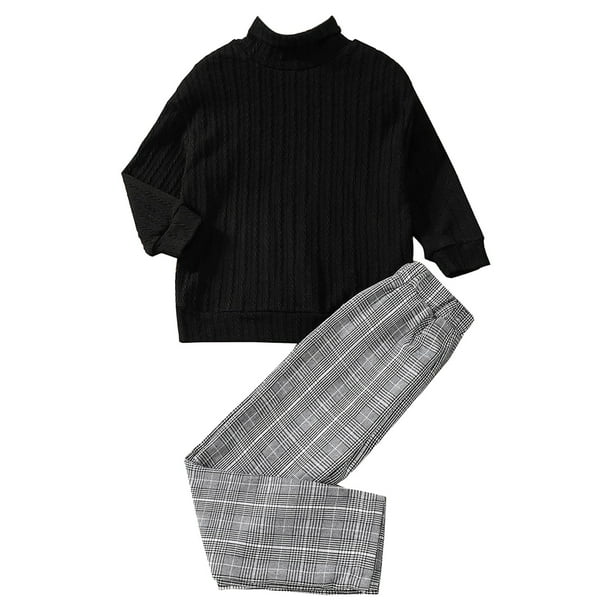 Gibobby Conjunto de ropa de bebé Conjunto de ropa informal de dos piezas para niños pequeños, camisetas de manga larga de Color sólido, pantalones a cuadros(Negro, 3-4 Años)