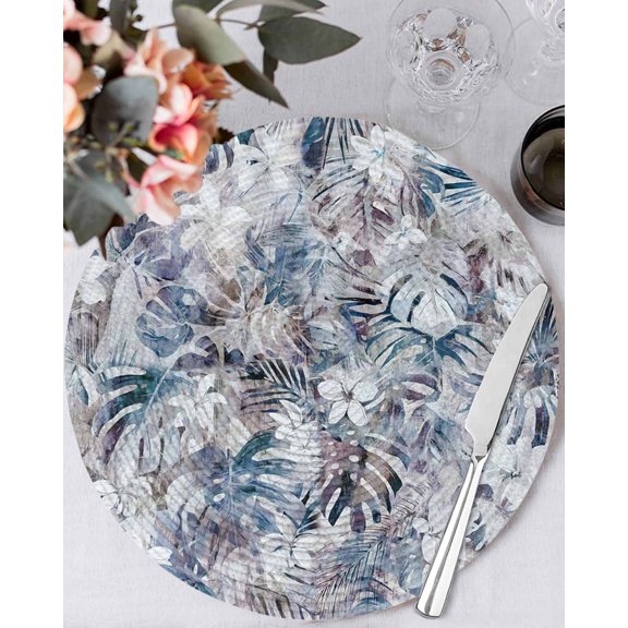 13 Inch Round Placemats Set of 4, Palm Leaves Non Slip Heat Insulation PP Table Mats, Spring Tropical Leaf Botanical Vintage Blue Washable Place Mats for Kitchen Dining Party Table Decor