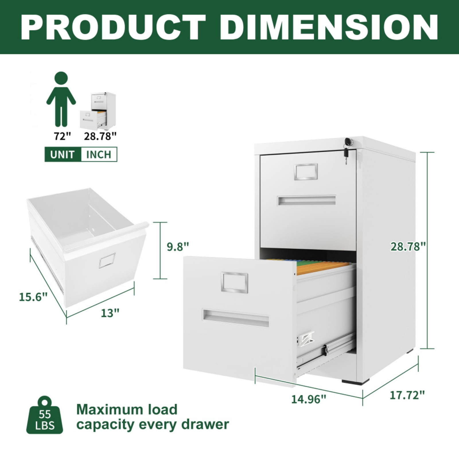 2 Drawer Lateral File Cabinet with Lock, Metal Lateral Filing Cabinet for Home Office, Steel Wide Horizontal Filing Cabinets for Letter/Legal/A4/F4 Hanging Files (Black)