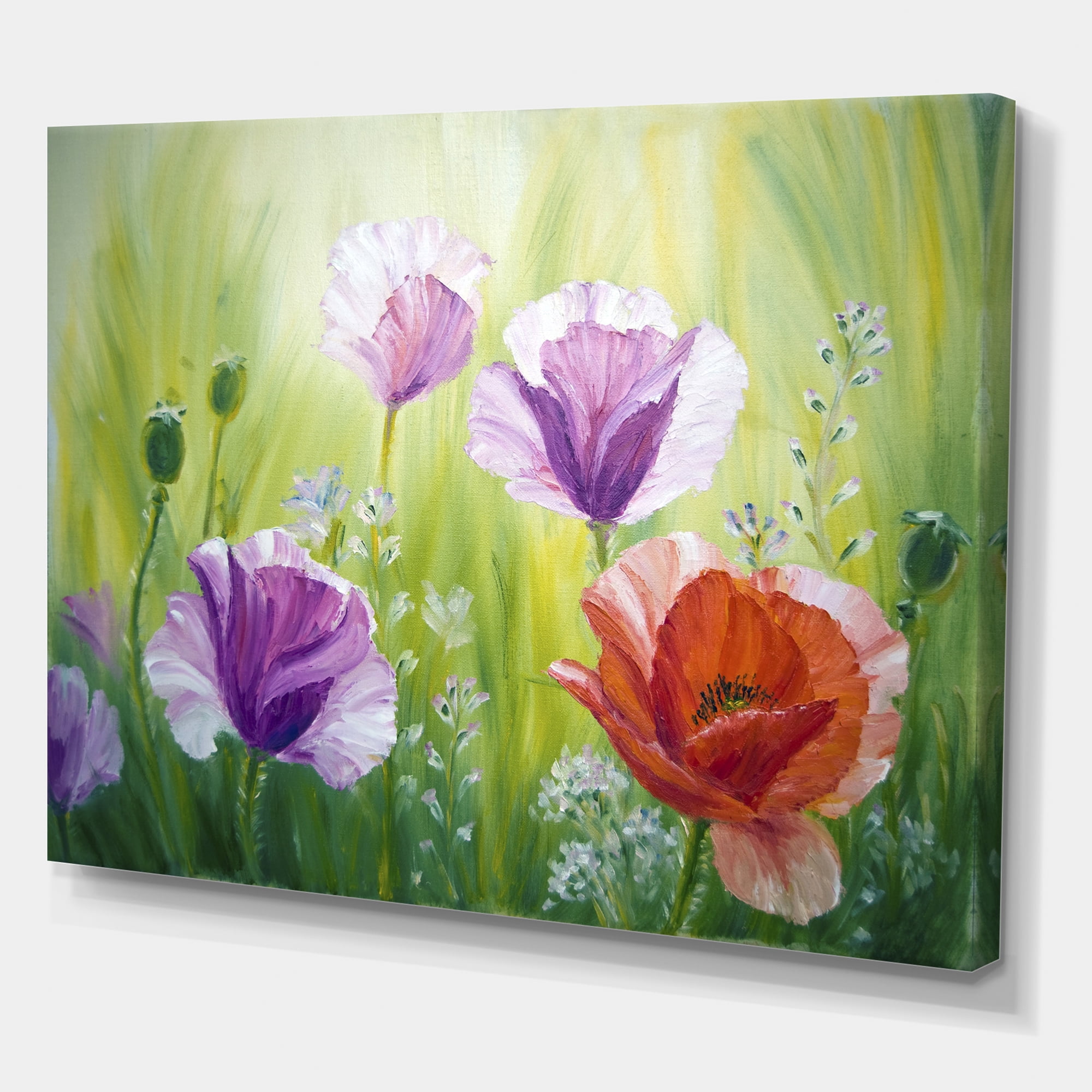Designart ' Blossoming Red and Purple Poppies In The Morning II ' Traditional Canvas Wall Art Print