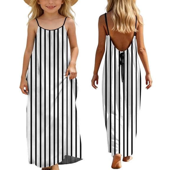 BLTIBY Girls Maxi Dresses Backless Cami Striped Printed Casual Lightweight Beach Dress Black 13-14 Years
