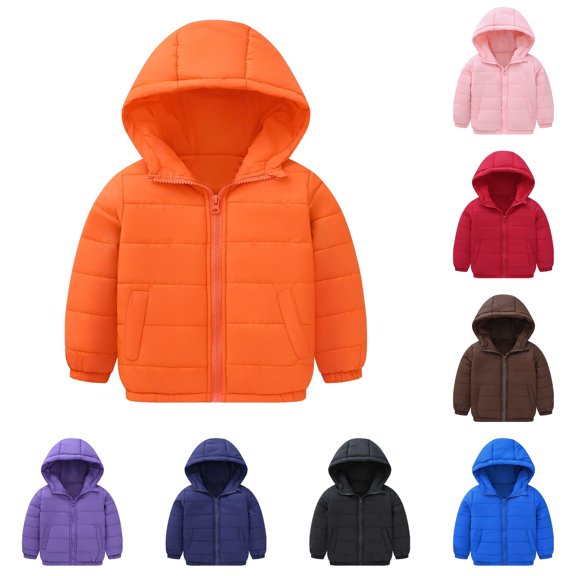 Krdevn Kids Hooded Puffer Jacket, Long Sleeve Zip Up Warm Quilted Winter Coat for Boys Girls, Lightweight Outerwear for Toddler Little Kids,Orange