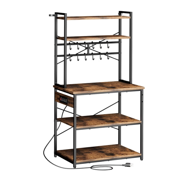 KFFKFF Kitchen Bakers Rack, 5 ft Power Cable Bakers Rack with Power Outlet, Kitchen Stand with X-Shaped Support Bar, 12 S-Shaped Hooks, Coffee Bar Stand
