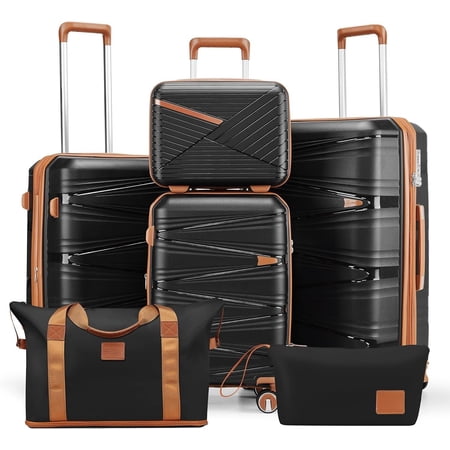 6 count Luggage Set PP Hardshell, Expandable Suitcase Set with Spinner Wheels (20/24/28), Includes 14" Case, Travel Duffel & Toiletry Bag, Lightweight TSA Lock Nested Set (Black)