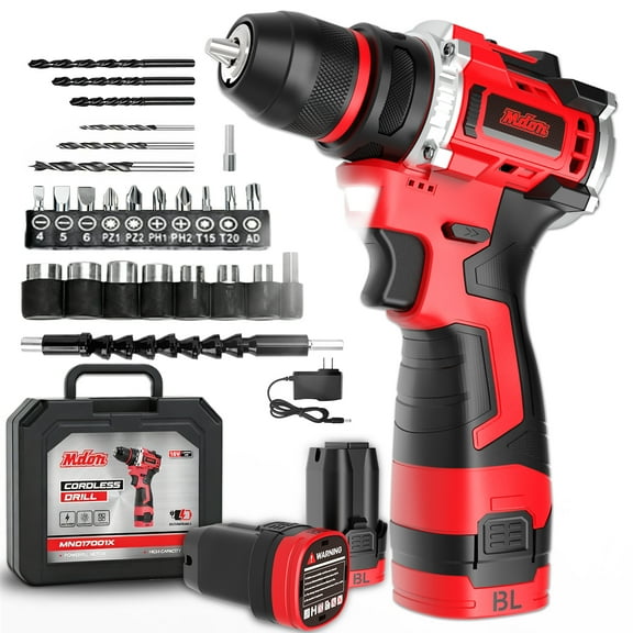 Mdon 16V Cordless Drill Set, Power Drill Set with Battery & Charger, Electric Drill Cordless/Hand Drills Cordless, 3/8" Keyless Chuck, 2 Variable Speed, Built-in Work Light, 30pcs Drill Bits