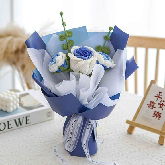 3 Handmade Crochet Rose Flowers, Artificial Roses Bouquet, Completed Crochet Flower Bouque for Birthday, Home Decor, Mother's Day, Anniversary, Wedding (Blue)