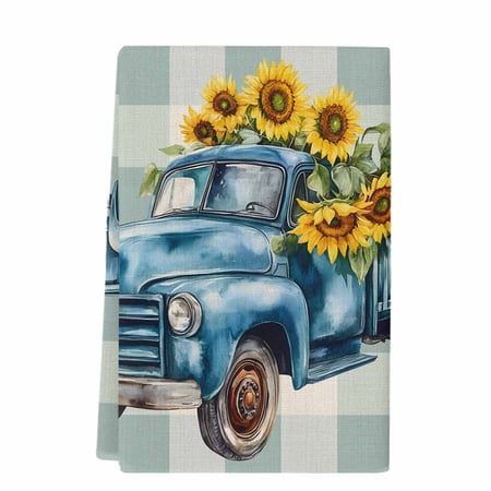 Blue Truck Yellow Sunflower Kitchen Towels Set of 1 Absorbent Microfiber Dish Tea Towels with Hanging Loop Summer Teal Plaid Vintage Resuable Hand Towel for Home Kitchen Cooking Cleaning 18 x28