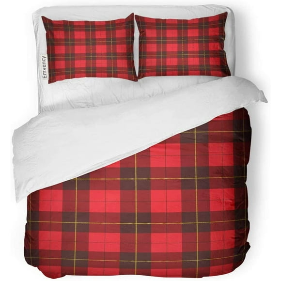 RYLABLUE 3 Piece Bedding Set Red Pattern Wallace Tartan Scottish Plaid Yellow Kilt Black Wool Scotland Twin Size Duvet Cover with 2 Pillowcase for Home Bedding Room Decoration
