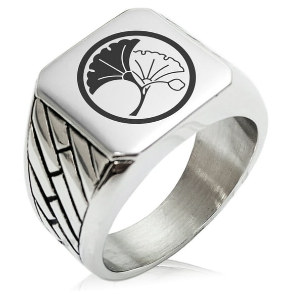 Stainless Steel Yin Yang Ginkgo Leaves Kamon Crest Geometric Pattern Biker Style Polished Ring