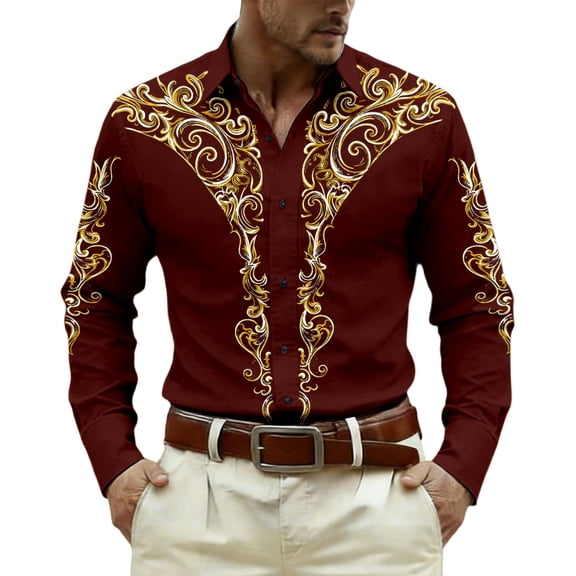 GJSYRH Western Shirts for Men Casual Retro Printed Cowboy Shirts Long Sleeve Slim Fit Button Down Shirt Outfits M