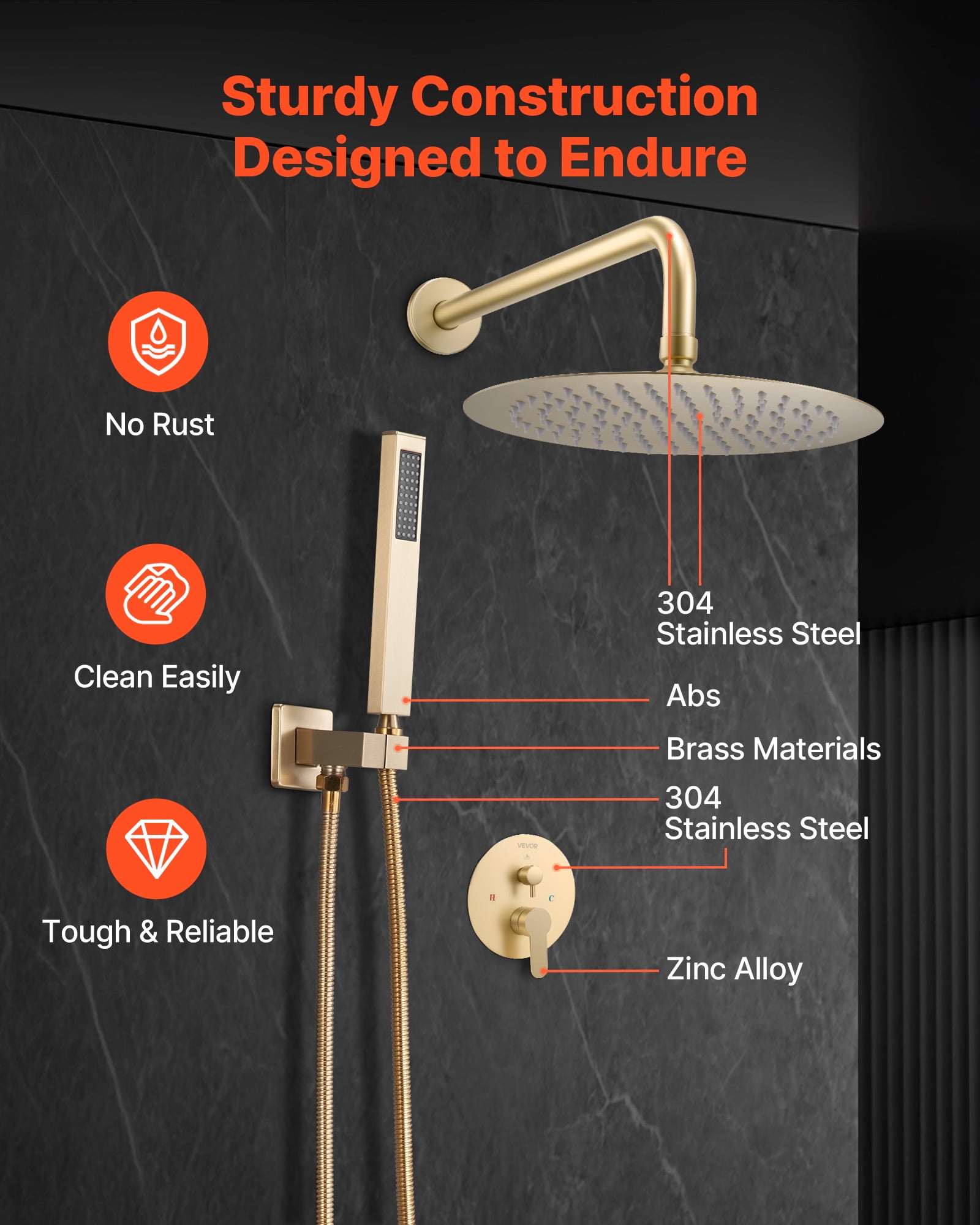VEVOR Shower Faucet Set, Rainfall Bathroom Shower System with 10-Inch Round Rain Shower Head and Handheld Spray, Wall Mounted Bath Fixtures with Brass Valve and Trim Kit, Brushed Gold