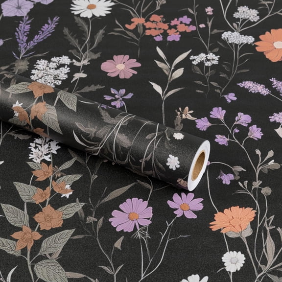 Abyssaly Floral Peel and Stick Wallpaper, 17.3" x 118" Black, Removable Self-Adhesive Vinyl Wall Paper for Home and Room Decoration