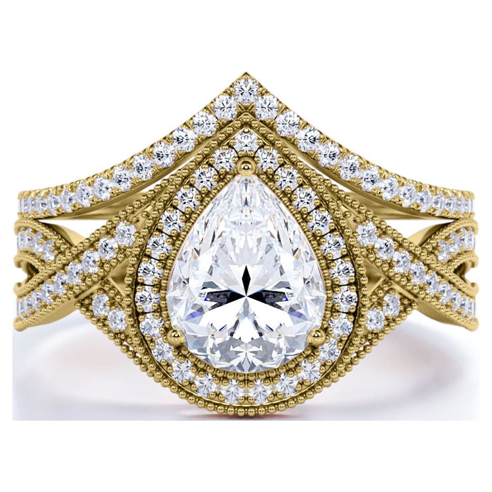 JeenMata 1.5 Carat Pear Cut Moissanite Wedding Set - Bridal Set - Art Deco Ring - Halo Ring - Cluster Ring - 18k Yellow Gold Plated for Women