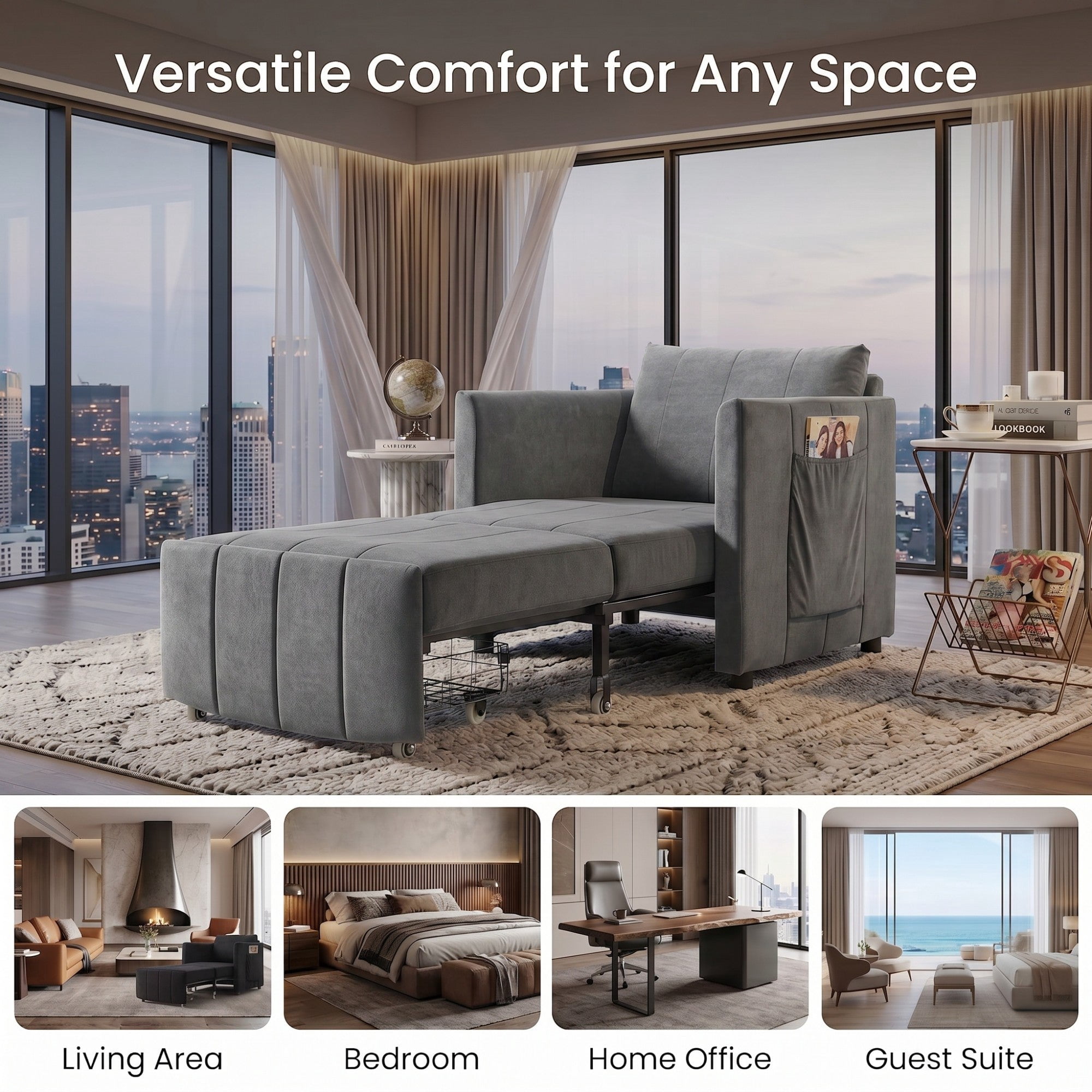 Sailvan 31.5" Convertible Pull Out Sofa Bed, Adjustable Chenille Sleeper Chair with Storage Grey