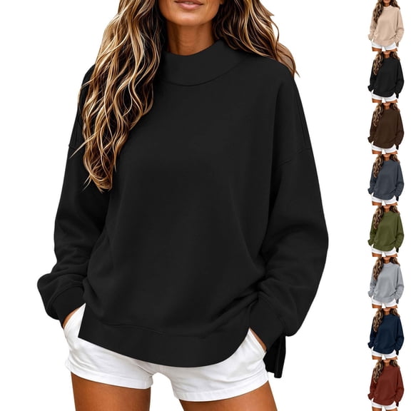 Xaqiouau Womens Oversized Mock Neck Sweatshirts Pullover Long Sleeve Casual Tops Side Slit Loose Fit Soft Comfy Fall Winter Fashion Clothing