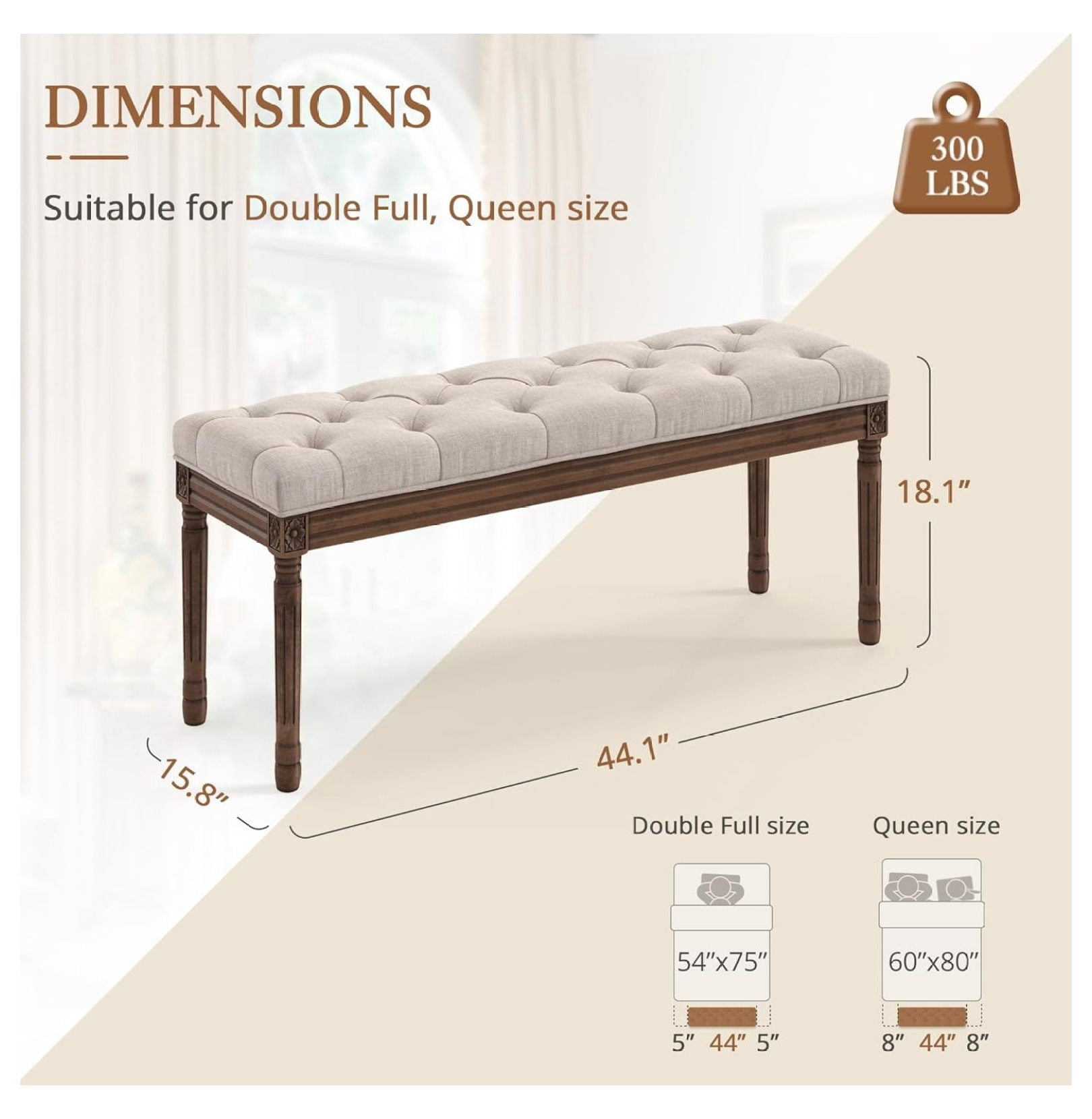 44" Bedroom , Fabric End of Bed , Upholstered French Tufted Ottoman with Carved Dark Brown Wood Legs for Bedroom End of Bed, Living Room, Linen