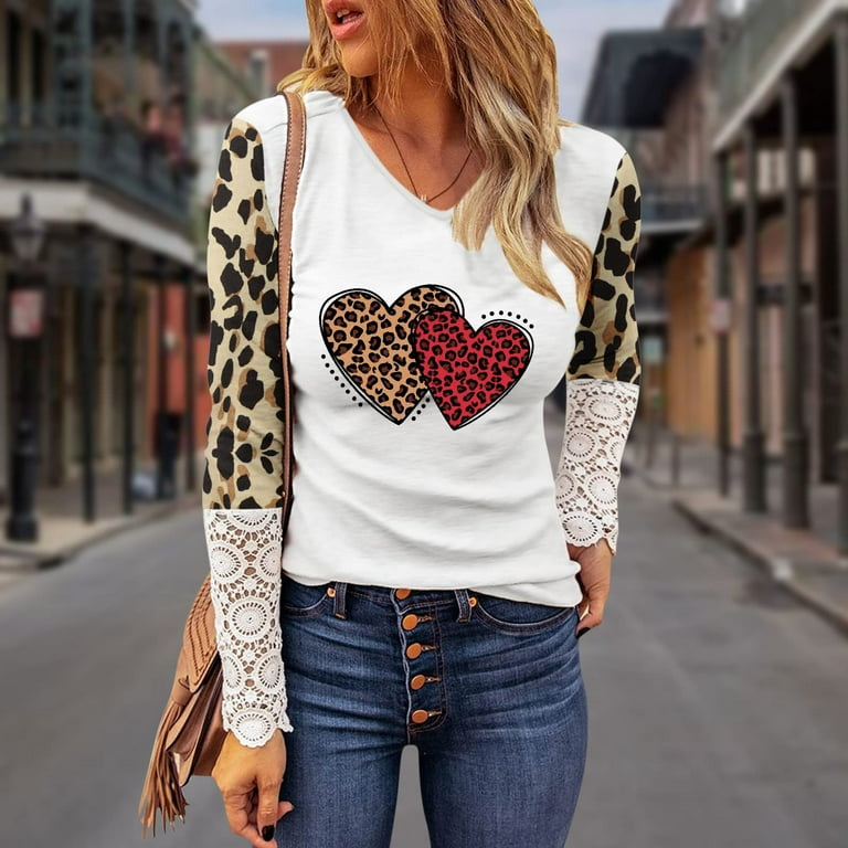 HAPIMO Sales Valentine's Day Shirts for Women Couples Fashion Sweatshirt  Valentine Love Graphic Print Tops V-Neck Pullover Leopard Lace Splicing Sleeve  T-Shirt Womens Cozy Blouse White M 