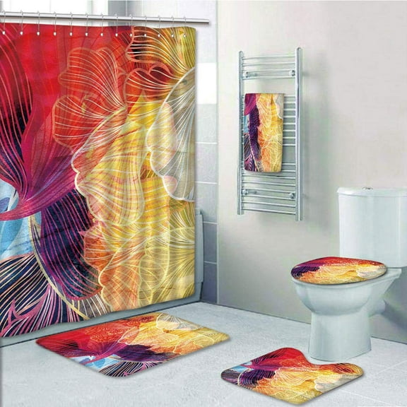 PRTAU Retro Abstract Watercolor Fantastic Elements Natural Waved Creative Composition 5 Piece Bathroom Set Shower Curtain Bath Towel Bath Rug Contour Mat and Toilet Lid Cover