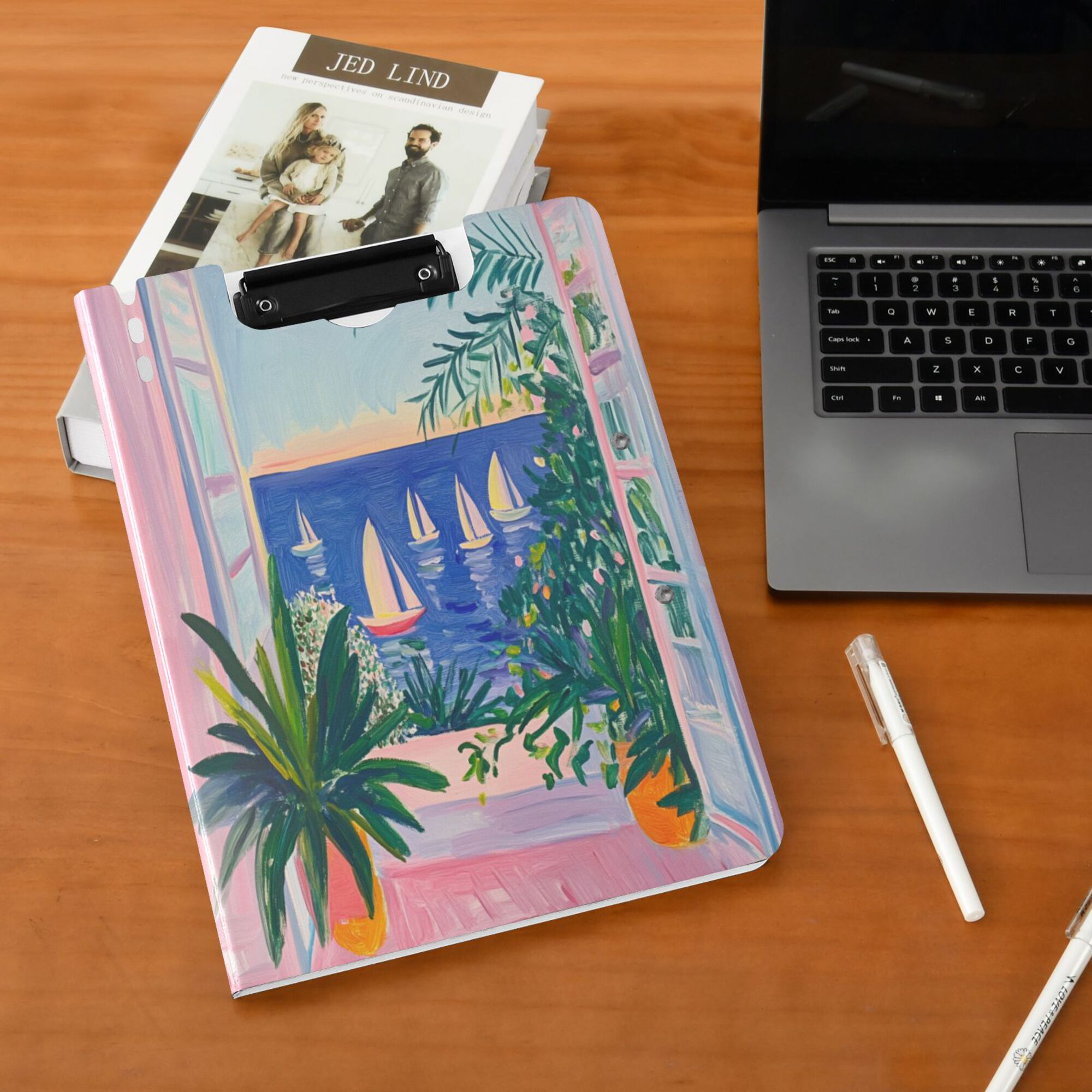 FORMRS A4 Clipboard Folder with Pen Holder Horizontal Foldable School Office Binder, Boat Seaside