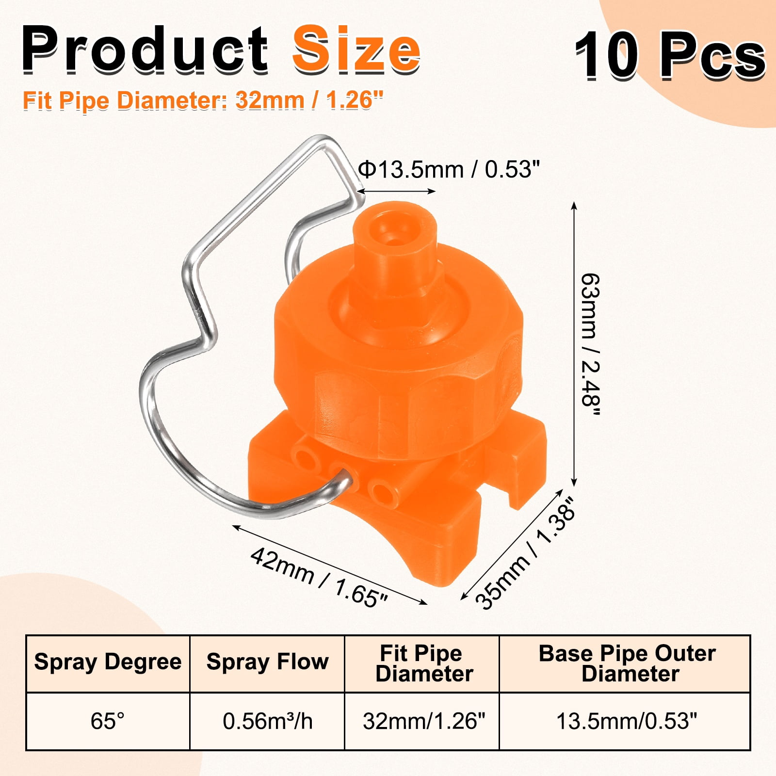 10Pack 65 Degree Spray Nozzle with Clip Fit 32mm/1.3" Hose, 0.56m³/h