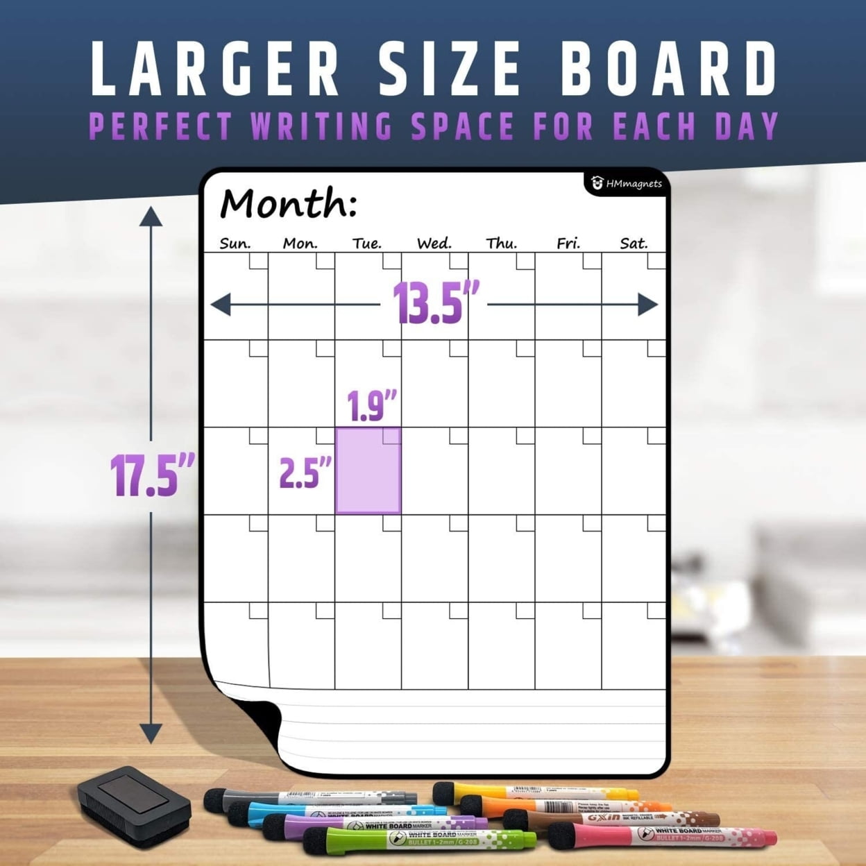 Large Dry-Erase Magnetic Monthly Calendar + Free Bonus: 3 Grocery/to-Do List Whiteboards (Organizer/Planner) for Kitchen Fridge - Full Set: 8 Markers + Eraser | Stain Free | Vertical