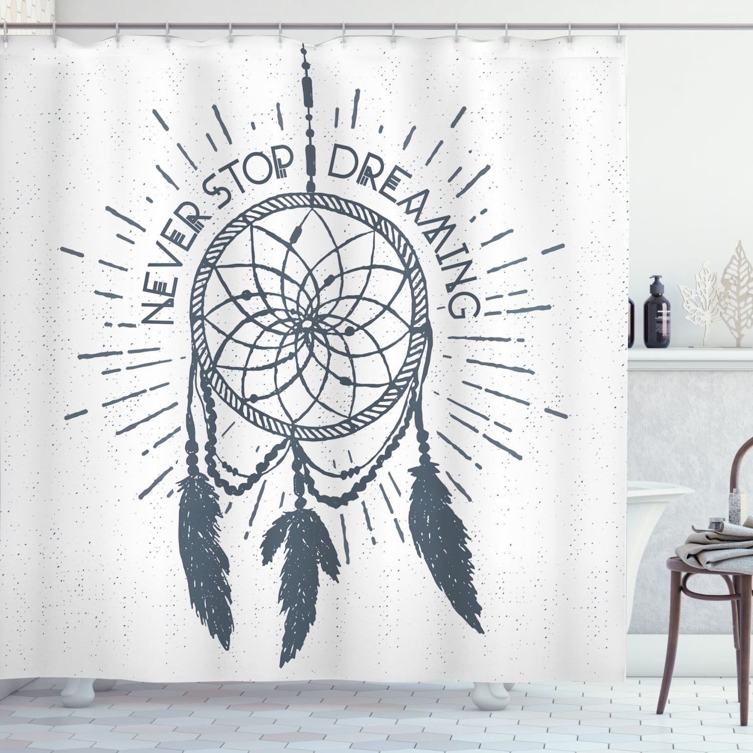 Dreamcatcher Feather Shower Curtain Dream Catcher Boho Chic Style Colorful Theme Fabric Bathroom Decorative Sets with Hooks Waterproof Washable 72 x 72 inches Grey and White