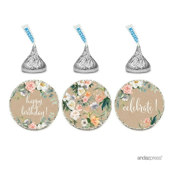 Peach Rustic Floral Garden Party, Happy Birthday! 216-Pack Chocolate Drop Label Stickers, Favors