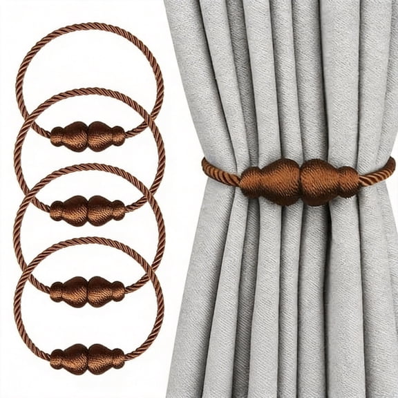 Magnetic Curtain Tiebacks, 4 Pack Rope Decorative Outdoor & Indoor Curtain Holders, Magnetic Drapery Holdbacks for Window Treatments, Brown