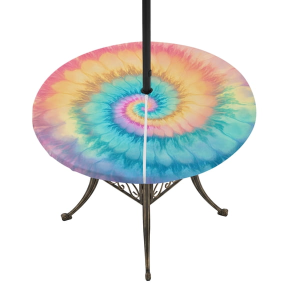 Round Outdoor Tablecloth with Umbrella Hole and Zipper, Colorful Tie Dye Tablecloth with Elastic Waterproof, Rainbow Ombre Abstract Pattern Art Patio Table Covers for 45" - 54" Picnic Pool Tables